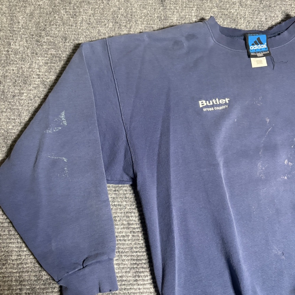 Vintage 90s Adidas Butler Cross Country Crewneck Sweatshirt Blue XL Spell Out - Picture 2 of 7